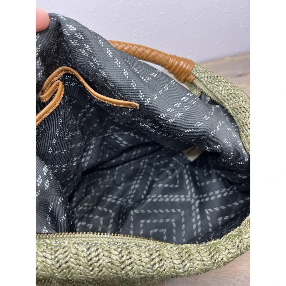 Lucky Brand Purse Olive Green Brown Leather  Handle Bag Fiber Woven Hobo EXC